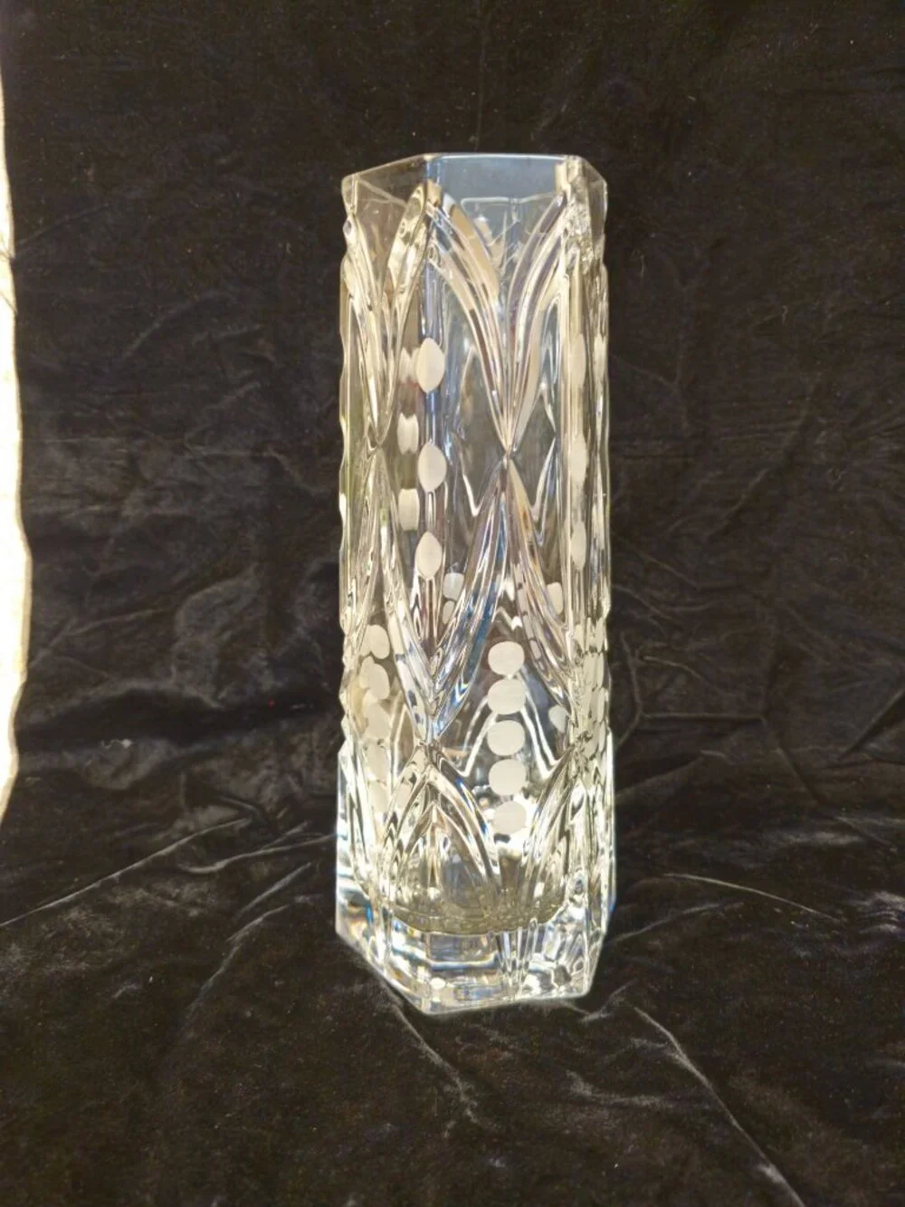 Vintage Etched Crystal Vase With Geometric Dot Pattern 11-Inch Tall Hexagonal Ba - Picture 6 of 13